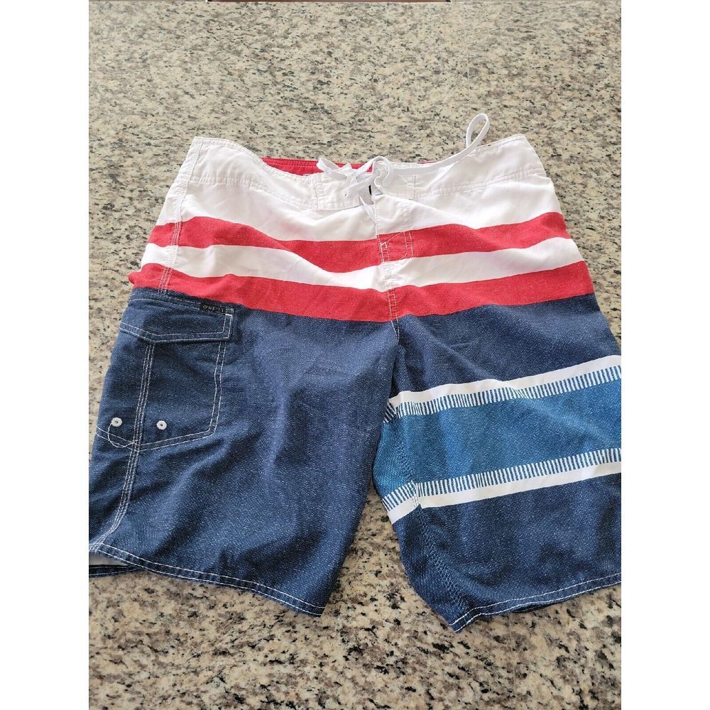 O'Neill Mens Board Short Size 34 Red White Blue Striped Cargo Pocket Swim Trunks